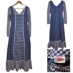 Candi Jones Vintage 70s Maxi Dress Embroidered Gingham Peasant Prairie